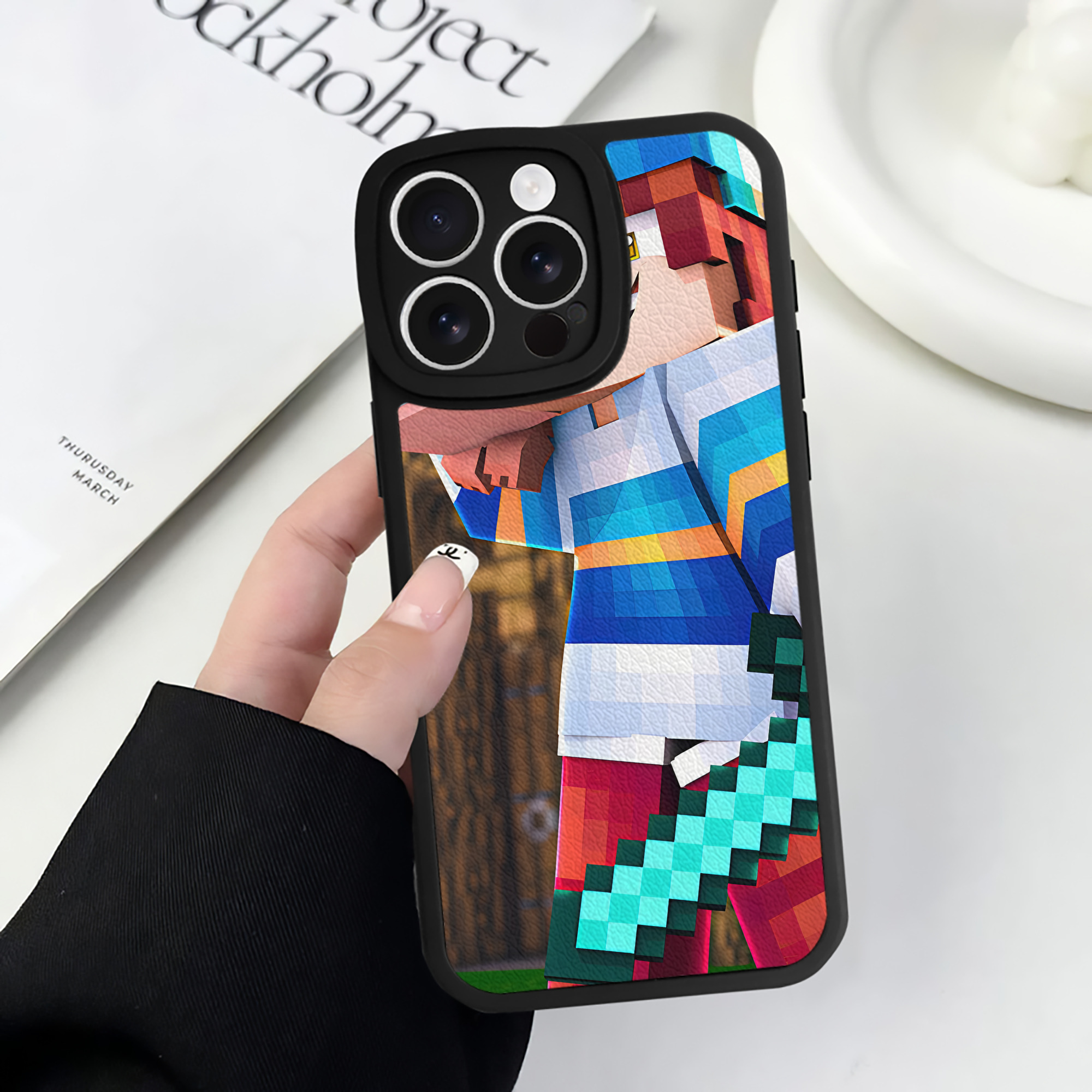 （画像用） マインクラフト ブロックの世界 Minecraft MC Block world 【iPhone 16シリーズ対応】シリコンスマホケース（レザー調） 材質：シリコン